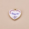 Hand-painted heart pendant with 'amore' text in white enamel and gold finish - Heart Amore Pendant
