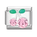Italian charm link with silver metal base and pink crystal cherry design in green enamel - Pink Cherry (27)