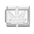 Italian charm bracelet link with silver metal base and white pearl leaf design - Pearl Leaf (29)