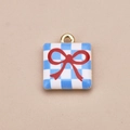Blue and white checkered square pendant with a red bow design for DIY jewelry - Plaid Bow Pendant
