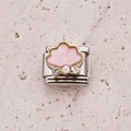 Pink enamel shell charm with gold trim, rhinestones, and pearl on stainless steel base - Pink Cloud Rhinestone Pearl 13