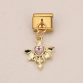 Italian charm bracelet link with golden winged pink heart and arrow dangle charm - Pink Winged Heart (4)