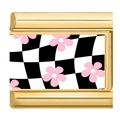 Motivo floreale rosa su charm a scacchi neri e bianchi con cornice in metallo dorato - Stile Floreale Rosa a Quadri (7)