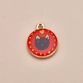 Hand-painted round charm with black cat and red enamel heart for DIY jewelry making - Red Round Cat Pendant