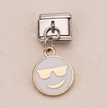 Italian charm link with a white enamel smiling face pendant in golden finish - Smiling Face with Sunglasses