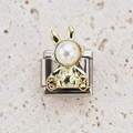 Italian charm bracelet link featuring a gold rabbit design with pearl detail on steel - Gold Bunny Pearl Style (22)