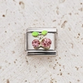 Italian modular charm featuring a silver stainless steel base with pink crystal cherries - Pink Rhinestone Cherry Style (23)