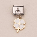 Italian charm bracelet link with a golden four-leaf clover and white enamel finish - Four-Leaf Clover