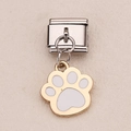 Italian charm bracelet link with gold-edged white enamel paw print pendant accessory - Cute Paw