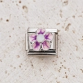 Italian charm link with pink enamel flower and white stone on stainless steel base - Pink Enamel Flower Style (30)