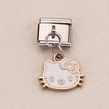 Italian charm bracelet link with a gold-rimmed white enamel Hello Kitty pendant - Cartoon Cat