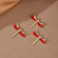 Tre ciondoli a libellula placcati oro 18K con smalto rosso e zirconi colorati incastonati - Rosso