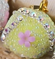 Yellow round candy pendant with pink flower and crystals on gold metal hook - Yellow