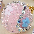 Pink round candy pendant with blue floral accents and pavé crystals for DIY necklaces - Pink