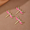 Three gold dragonfly pendants with pink enamel wings and multicolor zircon stones - Peach