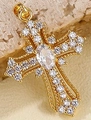 Golden micro-paved zircon cross pendant with retro textured details and oval stone - Micro Pave Oval Main Stone Cross (02)