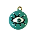 Teal enamel evil eye round pendant charm with gold metal loop for DIY jewelry making - Cyan