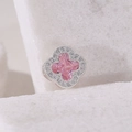 Silver four-leaf clover charm with center pink gemstone and sparkling zircon halo - 8 (Silver)