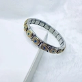 Italian style modular stretch bracelet in silver stainless steel with blue floral accents - Golden Round Relief (34)