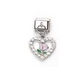 Italienisches Charm-Glied mit Herz-Anhänger, rosa Emaille-Rose und weißen Kristallen - Herz Rosa Rose Stil (6)