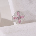 Silver four-leaf clover charm featuring pink crystals and fine milgrain edge detailing - 10 (Silver)