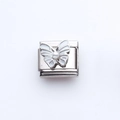 Italian modular charm in stainless steel featuring white enamel butterfly and pearl - White Butterfly