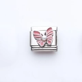 Italian charm link with pink enamel butterfly and pearl on stainless steel base - Pink Butterfly