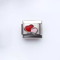 Italian charm bracelet link with double red and pink enamel heart charms in silver - Double Heart