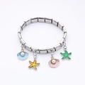 Italian modular stainless steel bracelet with ocean starfish and colorful shell charms - Seashell and Starfish