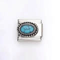 Italiaanse bedel van roestvrij staal met ovale turquoise steen en gevlochten rand - Ovaal Turkoois Stijl (1)