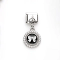 Italienischer Edelstahl-Charm mit schwarzem Emaille-Weißbogendesign und Perlenrand - S&W Schleife S-Logo Perlenrand Stil (19)