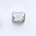 Italian charm bracelet link with a white enamel flower and central faux pearl detail - White Flower