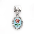 Italienischer Edelstahl-Charm mit blauem Emaille-Blumenanhänger und Strasssteinen - Blau Oval Rote Blume Strass Stil (24)