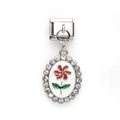 Italienischer Edelstahl-Charm mit roter Emailleblume und Kristallumrandung - Weiß Oval Rote Blume Strass Stil (25)