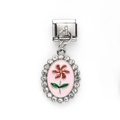 Italienischer Armband-Charm mit rosa Emaille-Blume und roten Blüten auf Edelstahl - Rosa Oval Rote Blume Strass Stil (26)