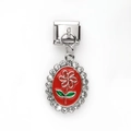 Italienischer Edelstahl-Charm mit roter Emaille-Blume und klaren Kristalldetails - Rot Oval Rote Blume Strass Stil (27)
