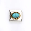 Charm italiano con pietra turchese verde e lunetta floreale dorata su acciaio inossidabile - Stile Turchese Ovale Pizzo Cavo (10)