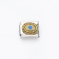 Charm modulare italiano in acciaio inox con motivo a sole dorato e pietra blu centrale - Perla Blu Sunburst Vintage Dorata(15)