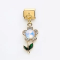 Italian charm link featuring a golden flower with iridescent stone and green enamel leaves - Sunflower(7)