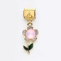 Italian charm link featuring a pink crystal flower with green enamel leaves on gold base - Pink Flower(8)