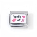 Abalorio modular italiano de acero inoxidable con texto Family of 3 y corazones rosas - Estilo de Tema Familiar