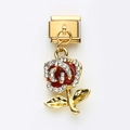 Italian charm link featuring a red enamel rose with crystal accents in gold finish - Red Rose(9)