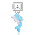 Detailed close-up of a blue enamel dolphin charm on a stainless steel Italian link module - Blue Enamel Dolphin