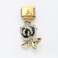 Italian gold charm with a rose pendant featuring clear rhinestones and black enamel detail - Black Rose(10)