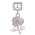 Detail of Italian charm link featuring a pink enamel rose with sparkling zircons - Pink Enamel Rose