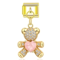 Italian modular gold link with teddy bear charm featuring pink heart and white crystals - Gold Pave Rhinestone Teddy Bear