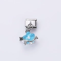 Italian charm link with light blue flower pendant and pearl detail in stainless steel - Light Blue Flower