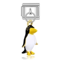Italian modular charm featuring a cute enamel penguin pendant in polished stainless steel - Colorful Enamel Penguin