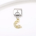 Italienischer Edelstahl-Charm mit 18k vergoldetem Halbmond und Zirkonia-Inlay - Goldene Mondsichel Sterne Stil (4)