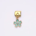 Italian modular charm with green enamel clover flower and rhinestone on gold band - Turquoise Rhinestone Five-petal Flower